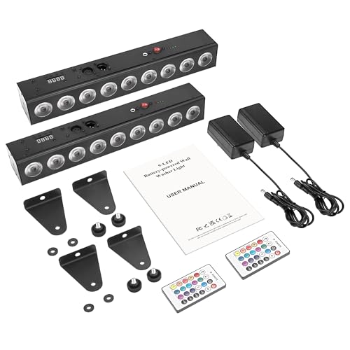 Rechargeable Stage Lights Bar,2Pack 9 LED RGBWA+UV Battery Powered DJ Light Strip Built-in 5200mAh Battery Remote Control DMX512 Sound Activated Uplights for Church Events Wedding Disco Party