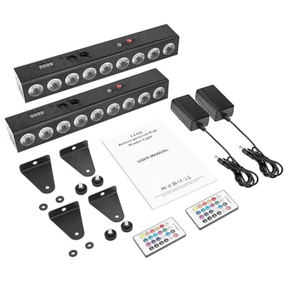 Rechargeable Stage Lights Bar,2Pack 9 LED RGBWA+UV Battery Powered DJ Light Strip Built-in 5200mAh Battery Remote Control DMX512 Sound Activated Uplights for Church Events Wedding Disco Party