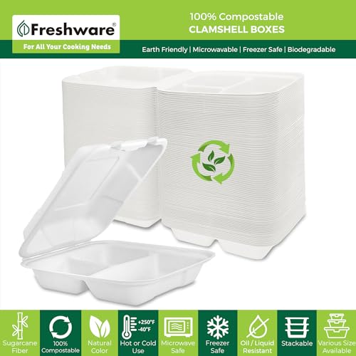 Freshware Compostable Clamshell Food Containers [8x8"] 3-Compartment 50-Pack, Disposable Containers, Biodegradable Sugarcane To Go Boxes - Paper Food Containers - Microwave & Freezer Safe, Stackable - size: 8 x 8 Inch [50-Pack]