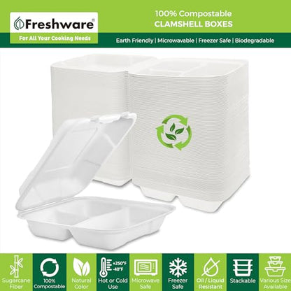Freshware Compostable Clamshell Food Containers [8x8"] 3-Compartment 50-Pack, Disposable Containers, Biodegradable Sugarcane To Go Boxes - Paper Food Containers - Microwave & Freezer Safe, Stackable - size: 8 x 8 Inch [50-Pack]