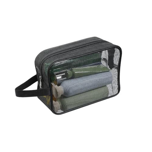 Mesh Shower Caddy Bag for Bathroom Gym Black Portable Toiletry Organizer Gym Shower Mesh Bag Quick Dry Tote Bags with Zipper for Hanging Women Men Dorm Camping Swimming Beach