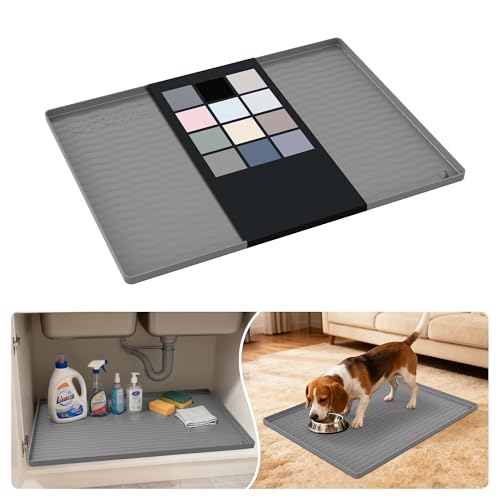URMONA Waterproof Silicone Under Sink Mat 25'' x 19'' Shelf Liner for Kitchen and Bathroom, Cabinet and Counter Protector, Storage and Organizers, Litter Mat, Pet Cat Puppy Essentials(Beige) - color: Beige, size: 19"W x 25"L