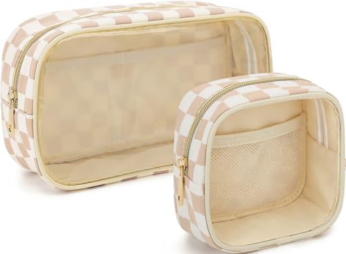 Fammart Clear Travel Makeup Bag for Women, TSA Approved Checkered Cosmetic Bag Make Up Car Organizer Case with Zipper, Large Waterproof Pouch Purse Toiletry Bag for Skincare, Brushes Travel Essentials - color: Clear, 2PCS - Khaki Checkered