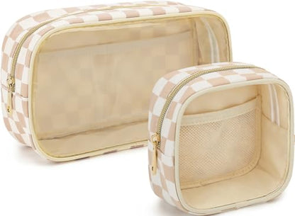Fammart Clear Travel Makeup Bag for Women, TSA Approved Checkered Cosmetic Bag Make Up Car Organizer Case with Zipper, Large Waterproof Pouch Purse Toiletry Bag for Skincare, Brushes Travel Essentials - color: Clear, 2PCS - Khaki Checkered