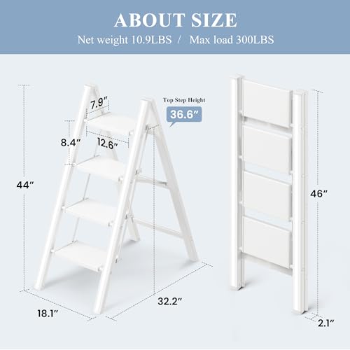 4 Step Ladder, Folding Step Stool with Wider Pedal, Anti-Slip Feet & Non Slip Stripes, Aluminum Sturdy Material, 300Lbs Capacity, Elegant Look of Modern White Better Matches Your Home - color: White, size: 4 Step