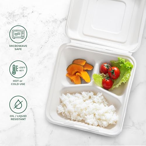 Freshware Clamshell Food Containers with Lids [9x9"] 3-Compartment 50-Pack, Disposable To Go Containers, Biodegradable Sugarcane To Go Boxes - Paper Containers - Microwave & Freezer Safe, Stackable - size: 9 x 9 Inch, 50 Pack