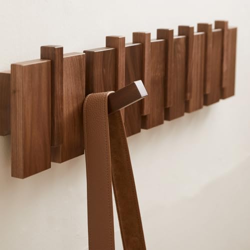 QUELLANCE Wood Coat Rack Wall Mount, Coat Hooks Hanger Wall Mounted, Heavy Duty Wall Coat Rack with 6 Hooks for Hanging Coats/Keys/Hats/Robe&Towels/Plants/Bags, Walnut - size: 6 Hooks