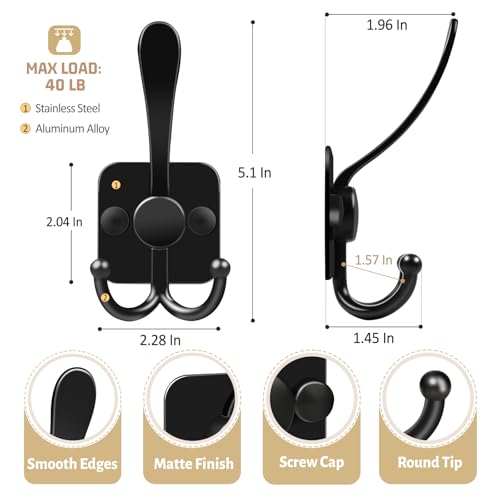 VIS'V Coat Hooks Wall Mount, Metal Self Adhesive 3 Prong Coat Hanger Hooks for Entryway Doorway, 2 Mount Options, Black, 4 Pcs - color: Black