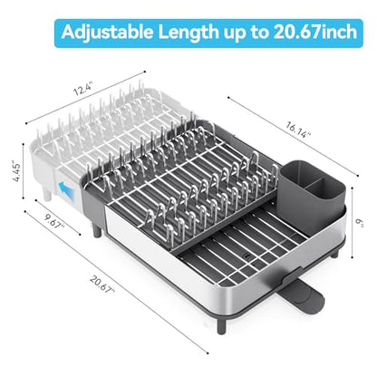 Urackify Dish Drying Rack - Dish Drainer for Kitchen Counter, Stainless Steel Dish Rack with Swivel Draining Spout & Drain Board, Expandable Space-Saving Kitchen Dish Organizer for 3-4 People, Grey - color: Gray