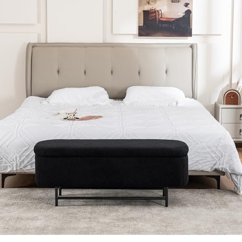 Boucle Storage Bench for Bedroom, Upholstered Storage Ottoman Bench with Metal Stand, Modern Bench for Bedroom with Storage, Teddy End of Bed Bench for Living Room/Entryway/Bed Side,43",Black - color: Black, size: 16.5"D x 43.3"W x 16.9"H