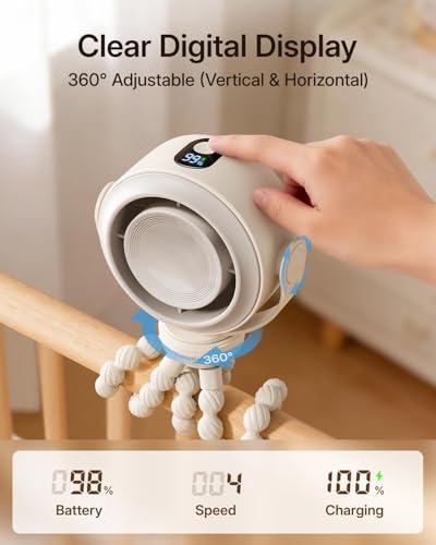 SWEETFULL Portable Stroller Fan, Pinch-Proof Baby Fan, 5-Speed Quiet Mini Clip on Fan, USB-C Rechargeable Battery, LED Display for Car Seat, Crib & Travel - Cream - color: Cream
