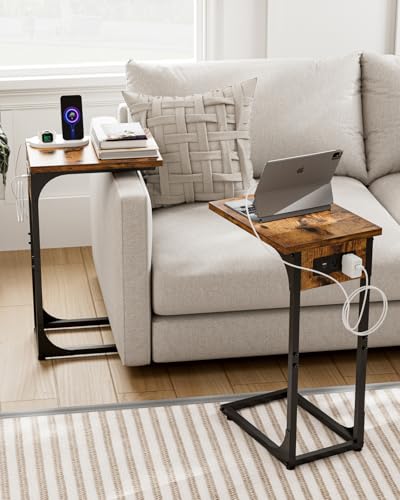 C-Shaped Side Table for Couch - Small Coffee Stand Sofa Tray Desk with Metal Frame Waterproof Scratch Resistant Wood Top and Built-in Charging Station, Rustic Brown - color: Rustic Brown, size: 1-Pack, style: Includes Power Outlets