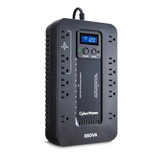 CyberPower EC850LCD Ecologic UPS Battery Backup and Surge Protector, 850VA/510W, 12 Outlets, ECO Mode, Compact, UL Certified - style: 850VA LCD