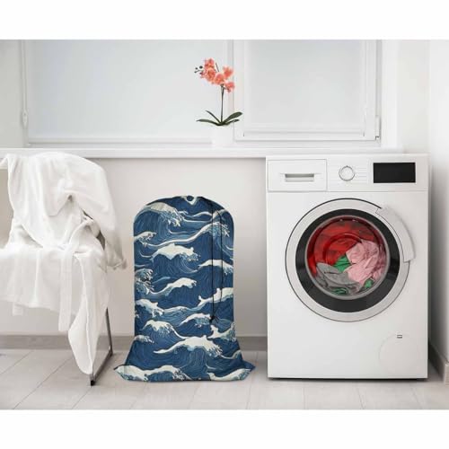 Swono Wave Large Collapsible Laundry Bag - Surf Sea Cartoon Blue White Foldable Hamper, Football Grid Oxford Cloth, Holds 4 Loads, Ocean Theme - color: Wave