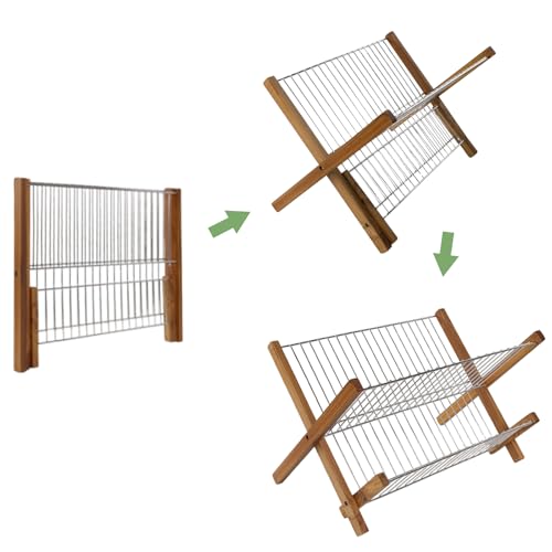 HTB Dish Drying Rack 2 Tier,Collapsible Stainless Steel & Teak Wood Dish Drying Rack,Foldable Dish Drainer for Plates,Cups,Kitchen Counter,Home,Apartment