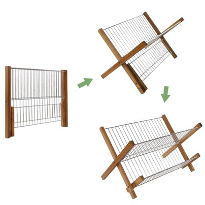 HTB Dish Drying Rack 2 Tier,Collapsible Stainless Steel & Teak Wood Dish Drying Rack,Foldable Dish Drainer for Plates,Cups,Kitchen Counter,Home,Apartment