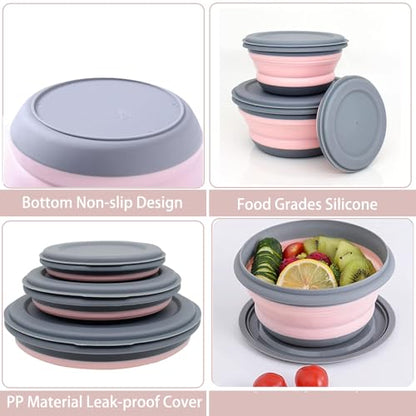 Collapsible Camping Bowl with Lid,3 Pack Silicone Salad Bowl Serving, Microwave Foldable Soup Ramen Serving for Travel, Picnic, Rv (Light Pink) - color: Light Pink