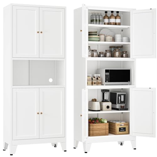 YAUWOH 69" Tall Metal Kitchen Pantry Cabinet with Microwave Shelf, 4 Doors & 3 Adjustable Shelves, Heavy Duty Food Storage Cabinet with Anti-Tip Design for Kitchen,Dining Room (1PC,White) - color: White, size: 69"H-4 Doors