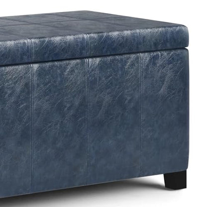 SIMPLIHOME Dover Storage Ottoman Bench - 36 inch Wide Upholstered Vegan Leather Rectangular Lift-Top Ottoman in Denim Blue, Contemporary Bench for Living Room with Safety Hinges - color: Denim Blue