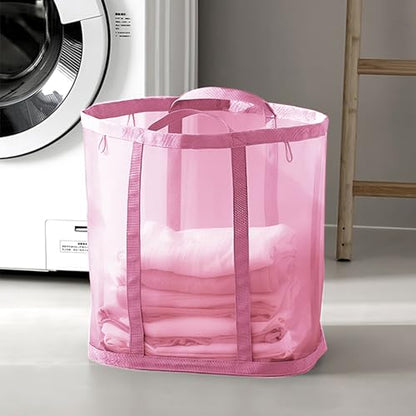 Mesh Bag with Handles, Collapsible Laundry Basket, Foldable Laundry Bag, Breathable Folding Beach Bag,Space-saving Travel Tote Bags (2, Pink) - color: Pink