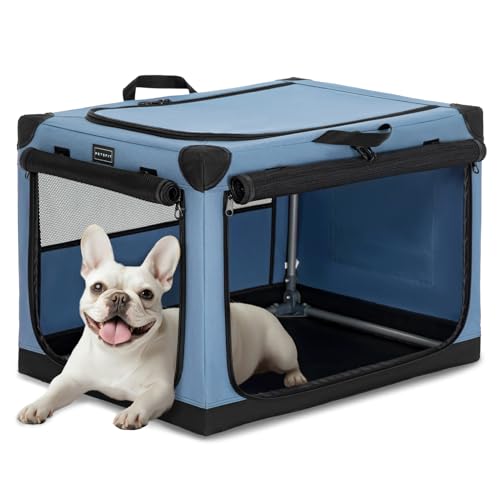 PETSFIT 26" Soft Portable Dog Crate – Patented Spiral Sturdy Frame, Collapsible Travel Kennel for Small Dogs, 3 Mesh Door, Lockable Zippers, Indoor & Car Use Blue - color: Blue, size: 26.0"L x 19.0"W x 18.0"H