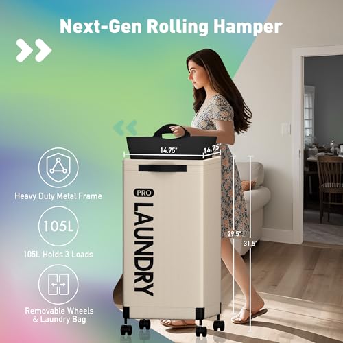 Caroeas Next-Gen 105L Matel Frame Laundry Basket with wheels, Heavy Duty Tall Rolling Laundry Hamper with Removable Wash Bag, Collapsible Freestanding Clothes Hamper (100L,Beige,2Pack) - color: Beige - 2 Pack