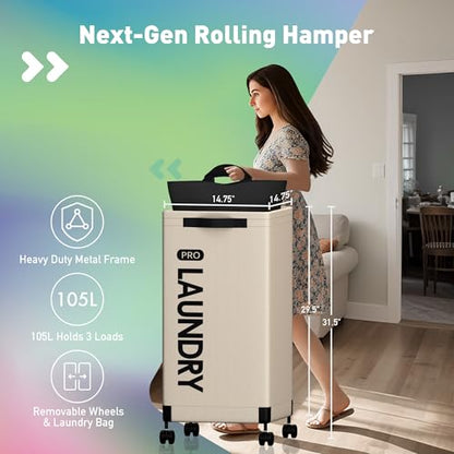 Caroeas Next-Gen 105L Matel Frame Laundry Basket with wheels, Heavy Duty Tall Rolling Laundry Hamper with Removable Wash Bag, Collapsible Freestanding Clothes Hamper (100L,Beige,2Pack) - color: Beige - 2 Pack