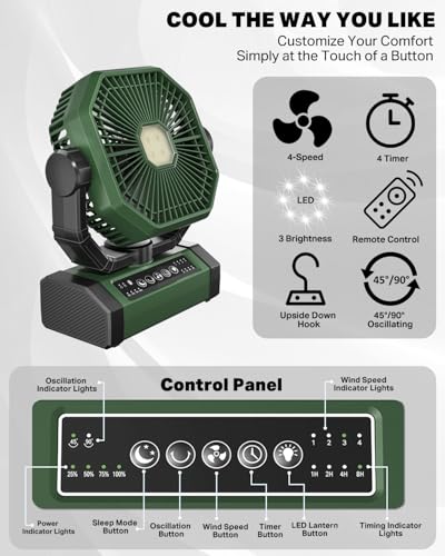 Rechargeable Auto Oscillating Fan with Remote & Timer & LED Light, 9-Inch 20000mAh Battery (70Hrs), Portable USB Fan for Camping, Travel, Worksite & Strong Hurricanes - color: Green