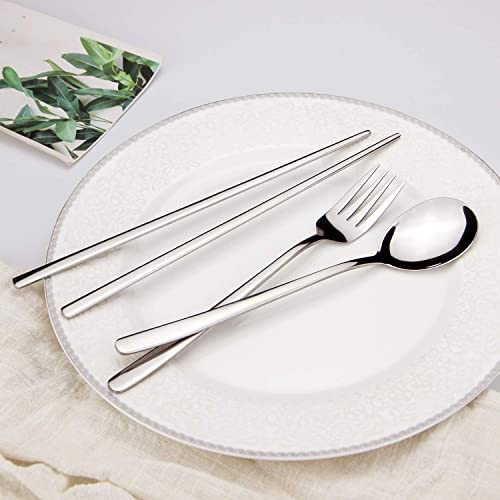IQCWOOD Spoons and Forks Flatware Set, 3 Pairs Chopsticks Forks and Spoons Silverware Korean Utensil Set, Stainless Steel Korean Dinnerware Portable Utensils for Home