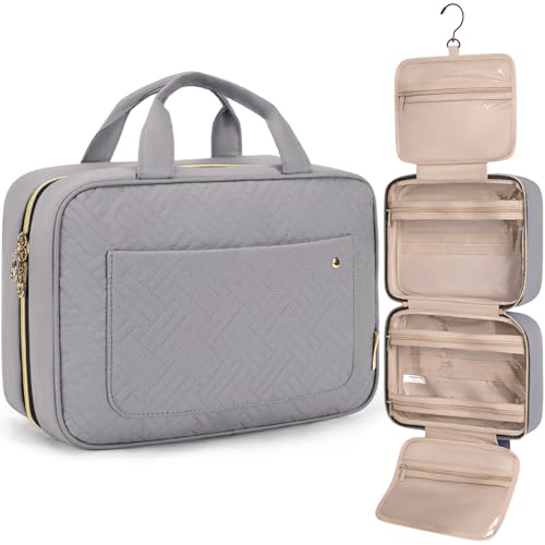 BAGSMART Toiletry Bag Travel Bag with Hanging Hook, Water-resistant Makeup Cosmetic Bag Travel Organizer for Accessories, Shampoo, Full Sized Container, Toiletries Grey, Large - color: Grey, size: Large