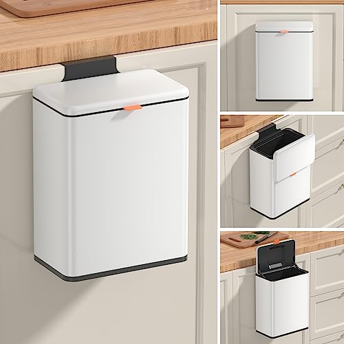 Mbillion Kitchen Compost Bin Hanging Trash Can with Lid 2.1 Gallon Stainless Steel Garbage Can for Kitchen Cabinet Door Mounted Trash Can Under Sink Door RV Bathroom,White - color: White, size: 2.1 Gal