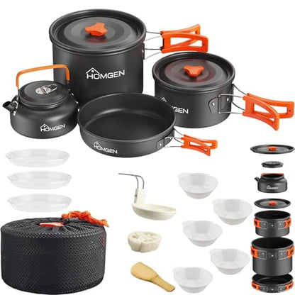 HOMGEN Portable Ultralight Anodized Aluminum Camping Cookware Set - Nesting Camping Pot and Pan-800ml Insulated Teapot-Carrying Bag-for Camping Hiking Picnic RV Trip - size: For 4 People