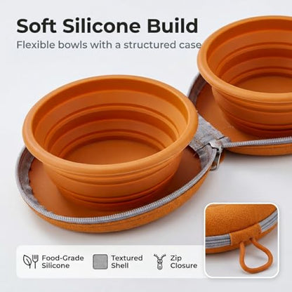 Collapsible Dual Pet Travel Bowls with Zipper Case, Portable Silicone Food and Water Set for Dogs and Cats, Hanging Loop for Walks, Hiking, Camping, Road Trips