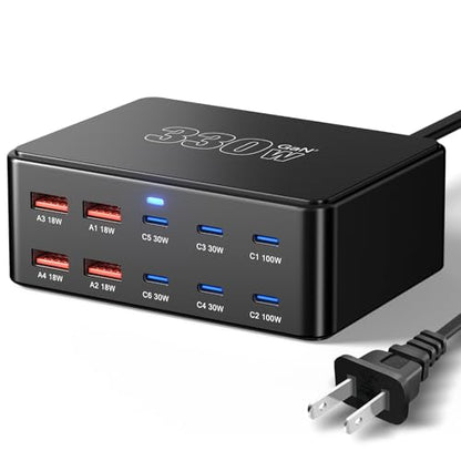 330W 10-Port USB C Charging Station, PD 100W 65W 45W 30W 20W Laptop & Phone Desktop Fast Charger Hub, Compatible with MacBook Pro/Air, iPhone 17/16/15/Pro, iPads, Galaxy