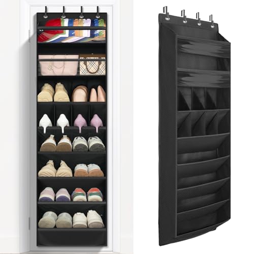 FENTEC 1 Pack 8 Shelves Over The Door Shoe Organizer, 68" Exlarge Deep Pockets Hanging Shoe Organizer, Shoe Rack for Closet, Shoe Holder for Boots,Over Door Organizer in Home, RV, Dorm, Black - color: BLACK, size: 25+ Pairs