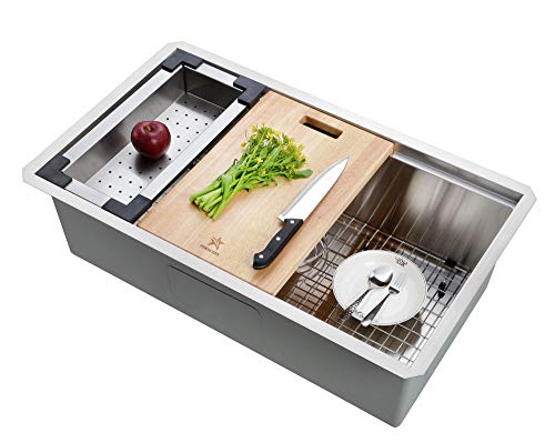 STARSTAR Workstation Ledge Undermount Single Bowl 304 Stainless Steel Kitchen Sink, With Grid, Colander, Cutting Board (30 x 19) - size: 30 x 19