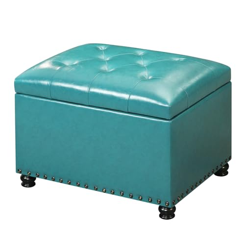 Ottoman with Storage,24" Leater Ottoman Foot Rest with Hinged Lid Small Rectangle Upholstered Tufted Foot Stools Ottomans for Bedroom Living Room Entryway,Teal Blue - color: Teal Blue