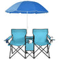 Goplus Double Camping Chair with Umbrella, Folding Loveseat Chairs w/Canopy Shade, Carrying Bag, Table, Cup Holder, Portable Beach Chairs Outdoor Picnic Patio (Turquoise) - color: Turquoise