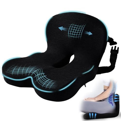 Car Seat Cushion, Memory Foam Driving Cushion with Adjustable Strap, Ergonomic Pad for Car & Semi Truck, Office Chair Cushion for Sciatica & Lower Back Pain Relief, Black - color: Black