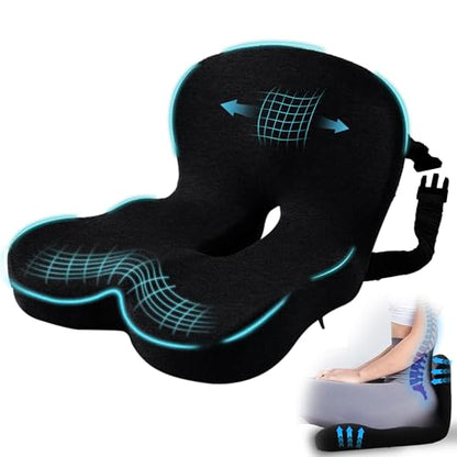 Car Seat Cushion, Memory Foam Driving Cushion with Adjustable Strap, Ergonomic Pad for Car & Semi Truck, Office Chair Cushion for Sciatica & Lower Back Pain Relief, Black - color: Black
