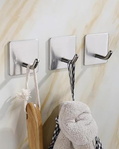 8 Pack Adhesive Wall Hooks, Self-Adhesive Hooks for Bathroom, Door Back Stick-On Towel Hooks, Hanging Coat Hat Key Washcloths Aprons Oven Mitts for Kitchen Shower Garage Home, Silver - style: S-Silver-45°