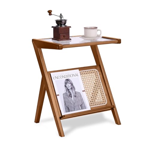 Tiita Rattan Nightstand Side Table, Bamboo Accent Bedside Tables, Glass Coffee Tables, Boho Wooden End Table with Storage for Small Space, Living Room and Bedroom - color: Rattan-s-brown