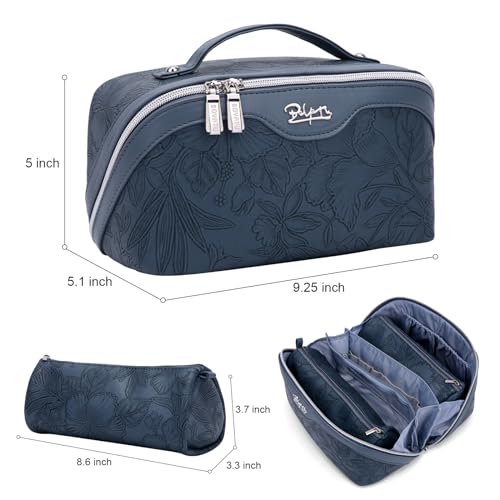 BOYATU Travel Makeup Bags Cosmetic Organizer Bag: 3-Set Large Capacity Make up Bag - PU Leather Toiletry Bags for Women - Wide Open Portable Pouch with Divider & Handle (02-Dark Blue) - color: 02-Dark Blue