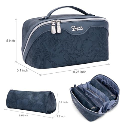 BOYATU Travel Makeup Bags Cosmetic Organizer Bag: 3-Set Large Capacity Make up Bag - PU Leather Toiletry Bags for Women - Wide Open Portable Pouch with Divider & Handle (02-Dark Blue) - color: 02-Dark Blue
