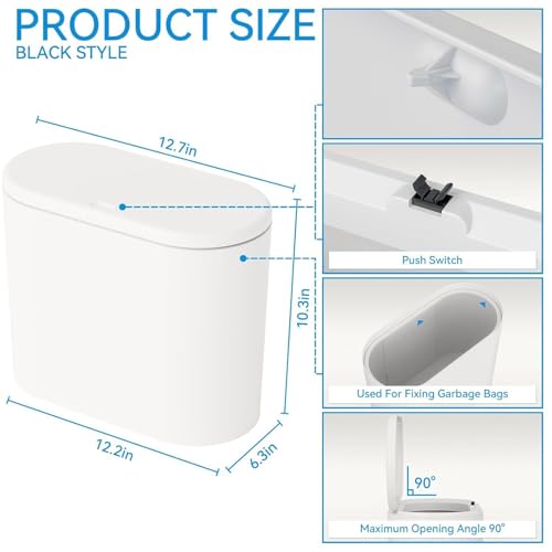 Yieach White 3.17 Gallon Slim Small Bathroom Trash Can with Lid,12L Plastic Thin Trashcans and Covered Wastebasket,Pet or Dog Proof Garbage Can for Bedroom,Rv,Dorm,Office and Lidded Bathroom Trashcan - color: White, style: Pack of 1