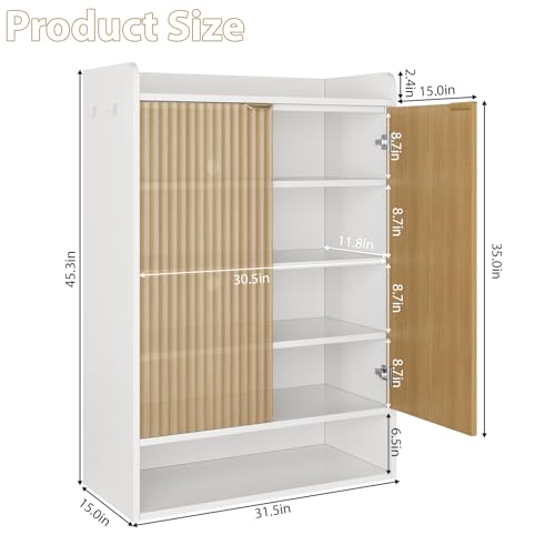 DreamDashio Fluted Shoe Cabinet Storage with Doors, 5-Tier Modern Shoe Storage Cabinet with Side Hooks, Open Shelf & Adjustable Shelves, Tall Shoe Rack Organizer Cabinet for Entryway, Hallway, White