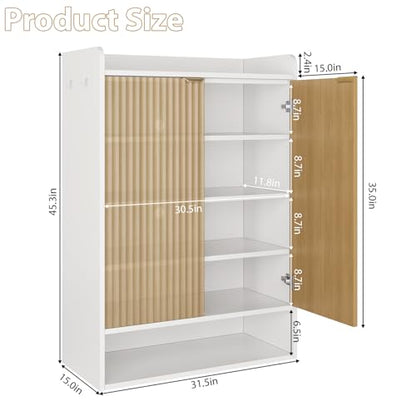 DreamDashio Fluted Shoe Cabinet Storage with Doors, 5-Tier Modern Shoe Storage Cabinet with Side Hooks, Open Shelf & Adjustable Shelves, Tall Shoe Rack Organizer Cabinet for Entryway, Hallway, White