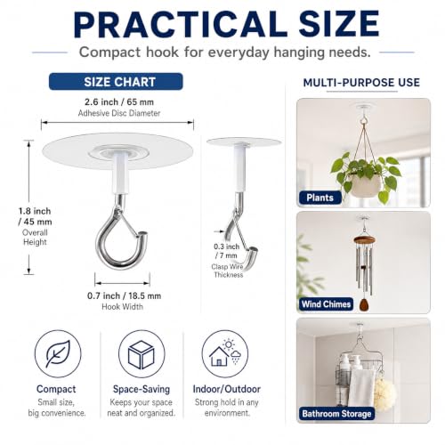 Adhesive Ceiling Hooks with Safety Clasp, Stick-On Wall Hooks for Plants, Wind Chimes, Home Storage and Bathroom Decor