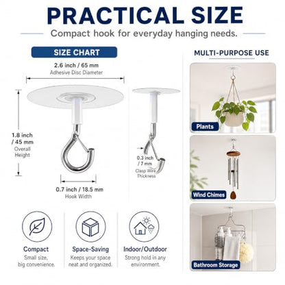 Adhesive Ceiling Hooks with Safety Clasp, Stick-On Wall Hooks for Plants, Wind Chimes, Home Storage and Bathroom Decor