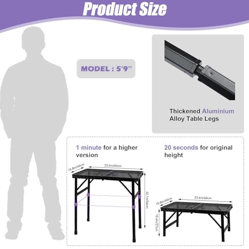 BRIAN & DANY Camping Table Folding Grill Table, Small Foldable Table Height Adjustable, Portable Metal Picnic Table for Outdoor, Black, 2x1.3FT - size: 2x1.3FT